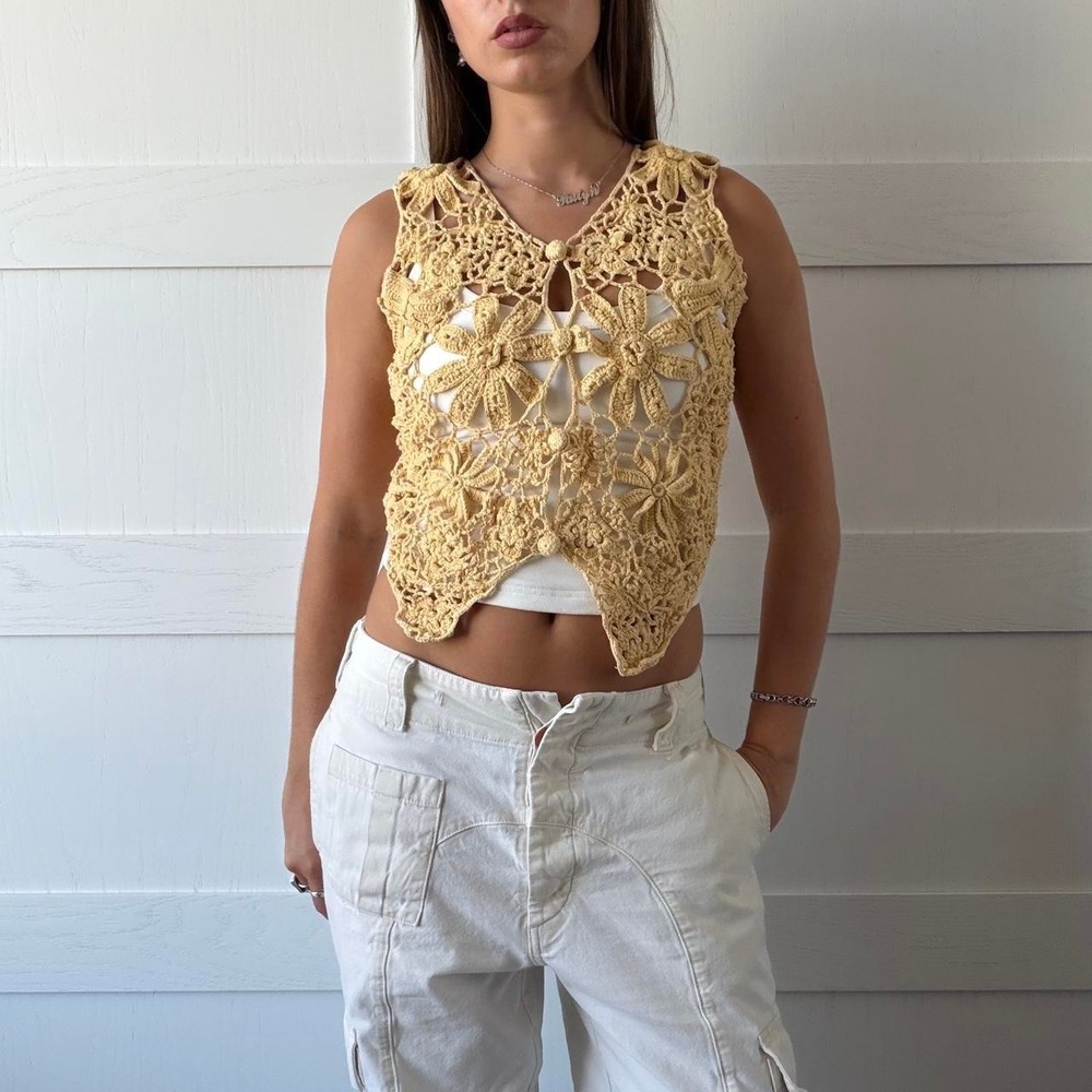 One Step Up Hand-Knit Crochet Floral Vest